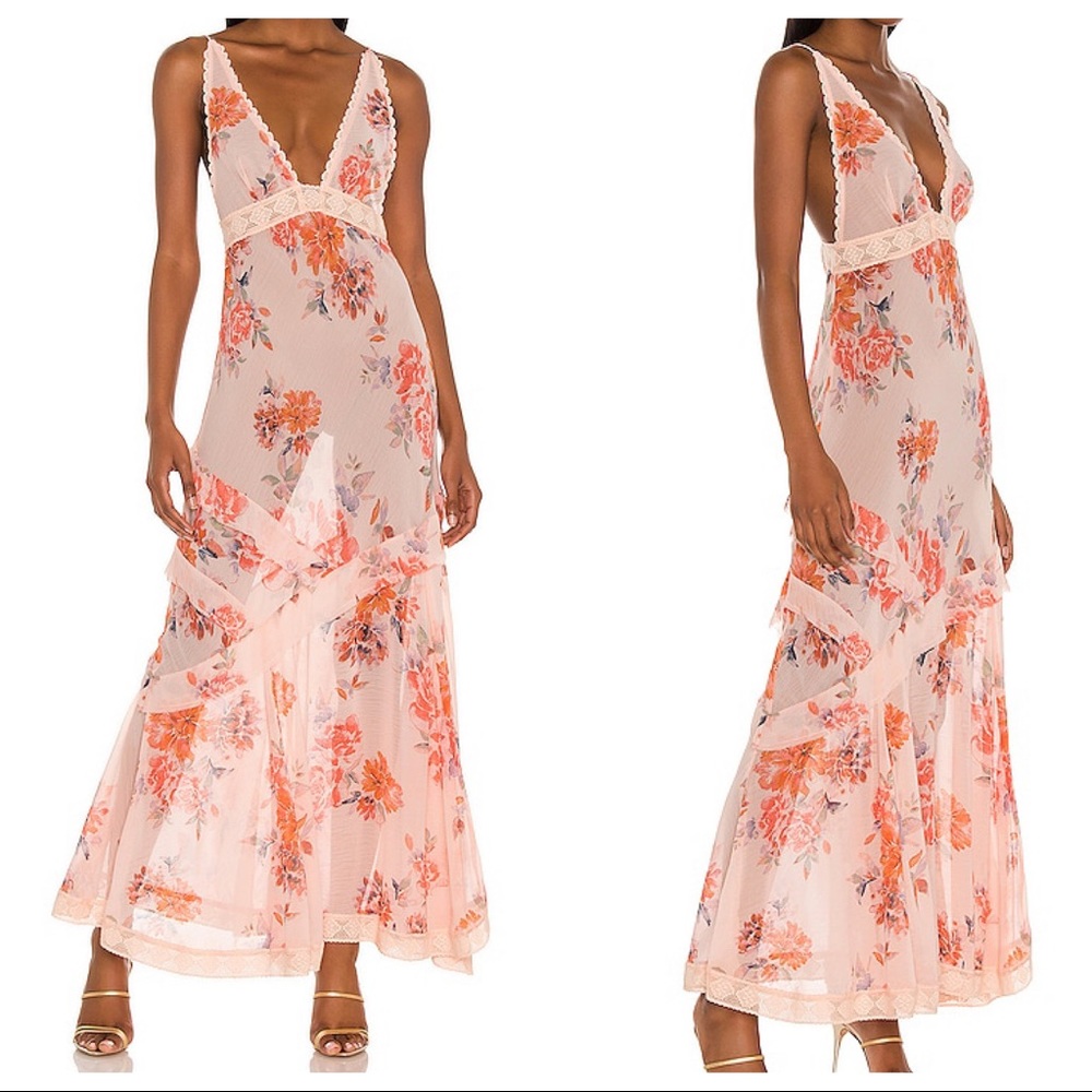 FREE PEOPLE Stay Awhile Sleeveless Maxi Dress Peach Combo Lace Trim Semi Sheer
